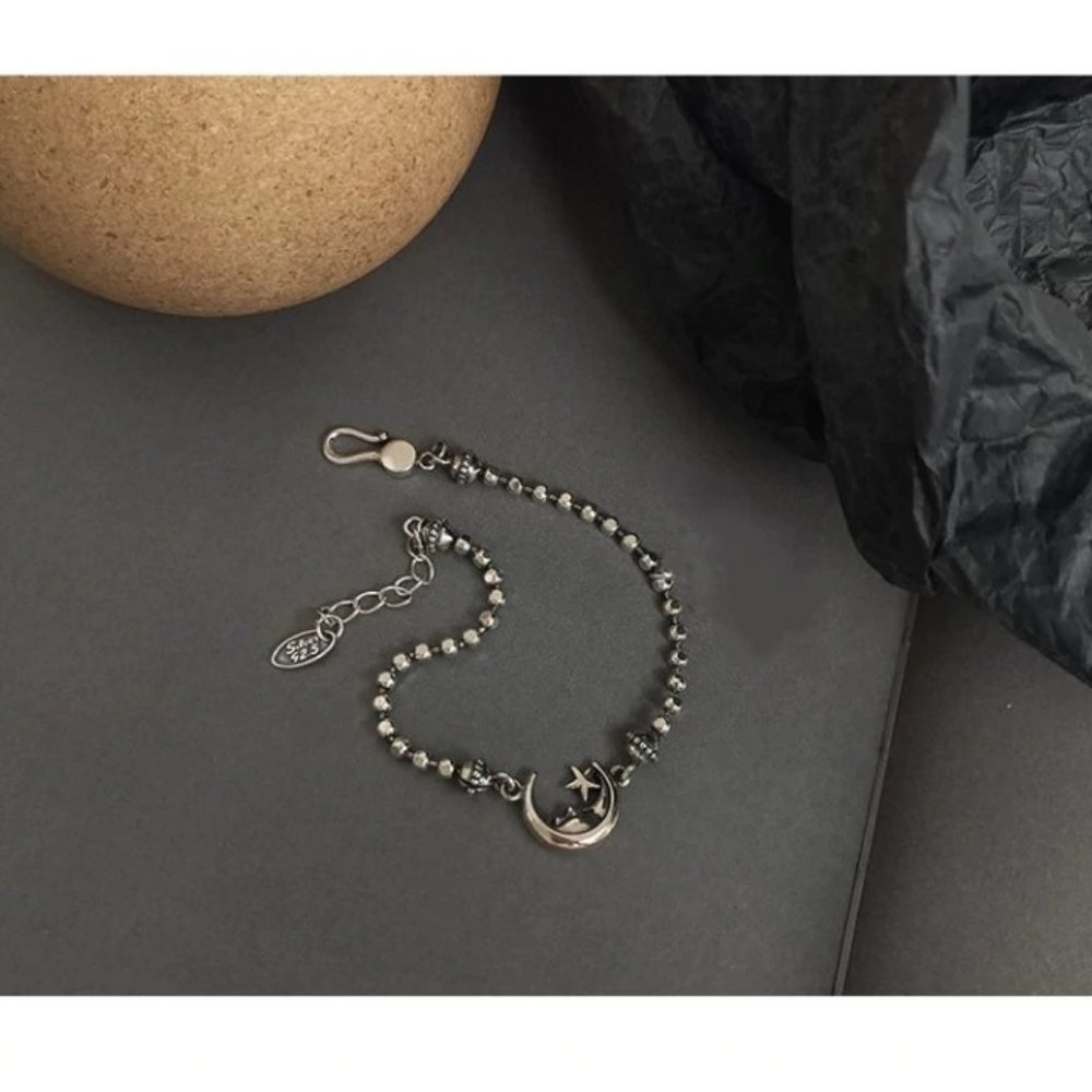 *925 Sterling Silver Vintage Moon Star Bracelet - Picture 3 of 9